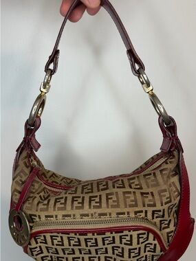 FENDI Zucchino Chef Hobo Bag in Burgundy Canvas with Goldtone Hardware